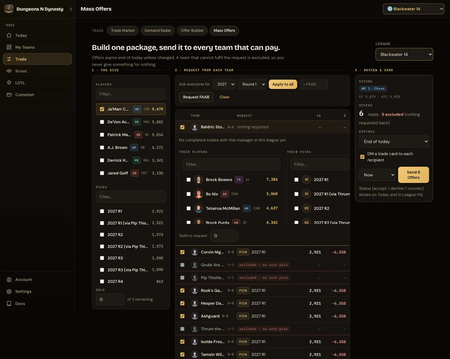 Mass Offers: you give, request from each team, review and send