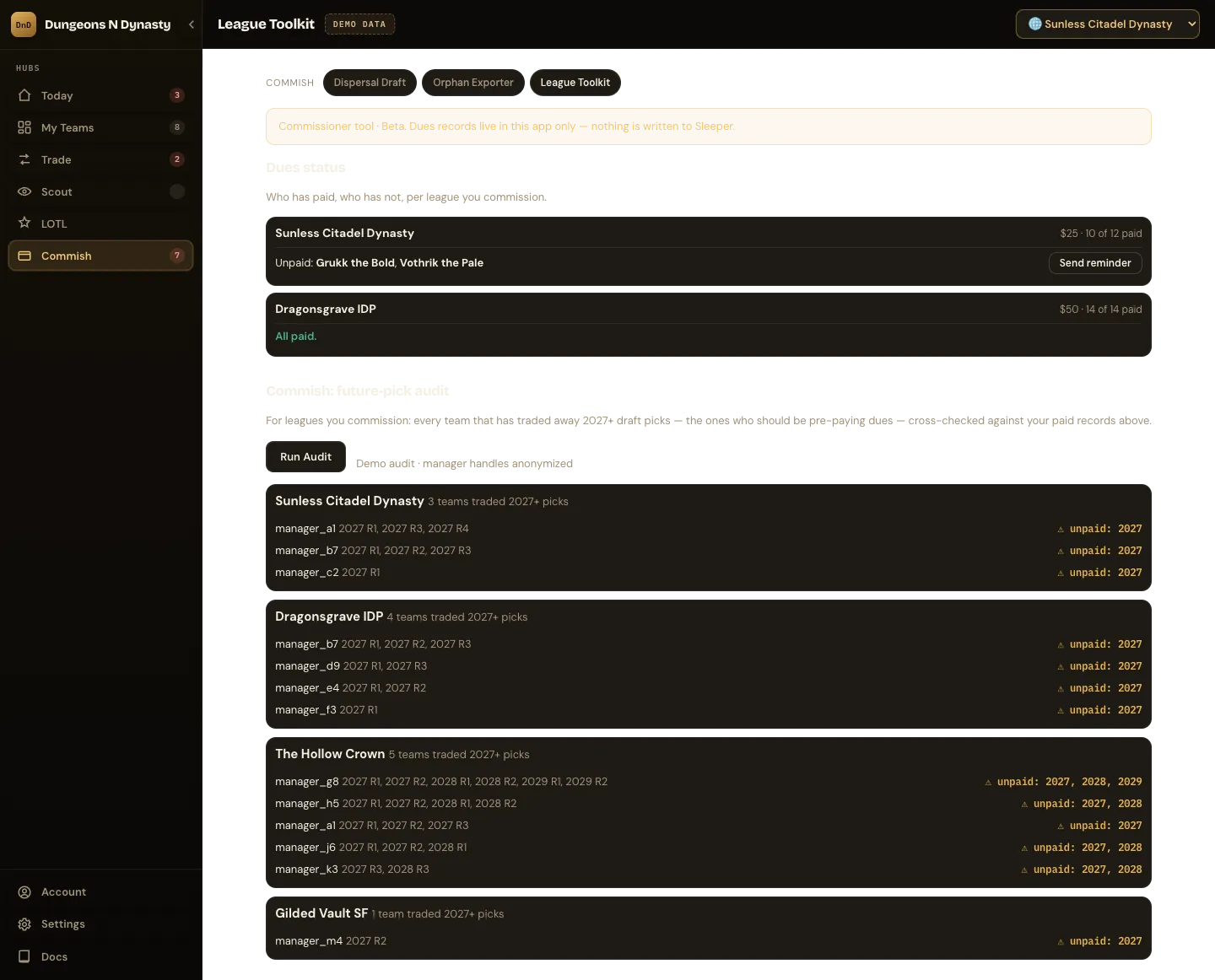 League Toolkit: dues status and future-pick audit