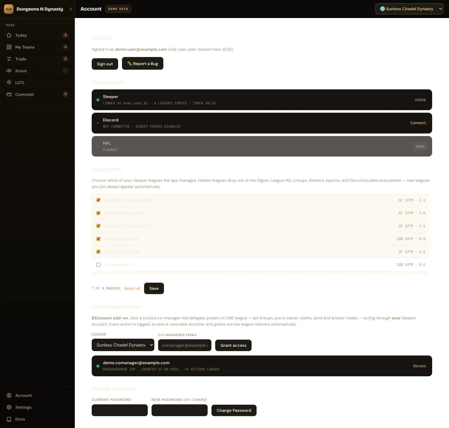 Account: connections, managed leagues, co-manager access