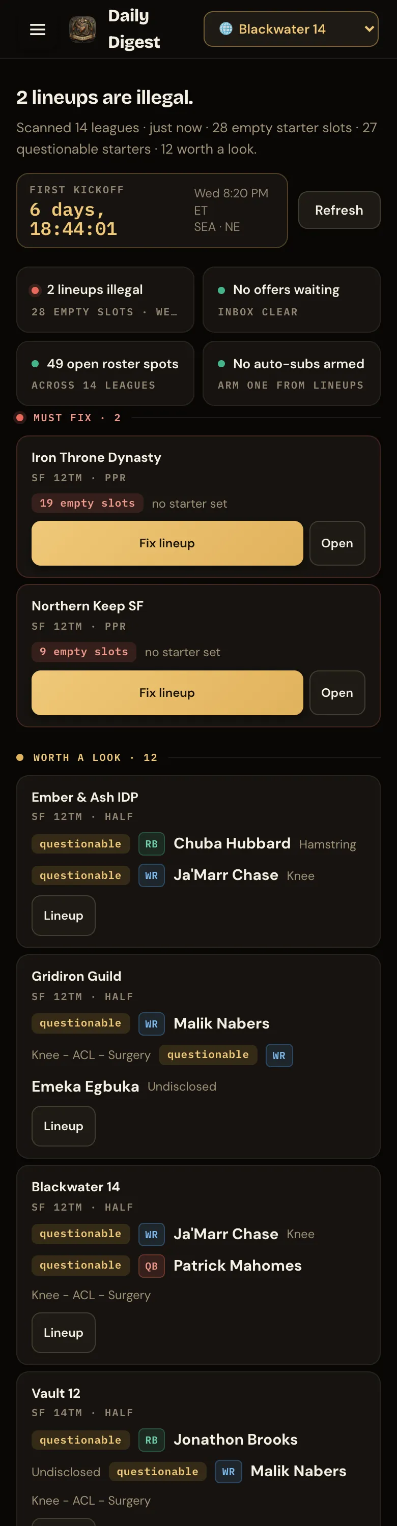 Today on a phone: countdown, status cards, then the action queue