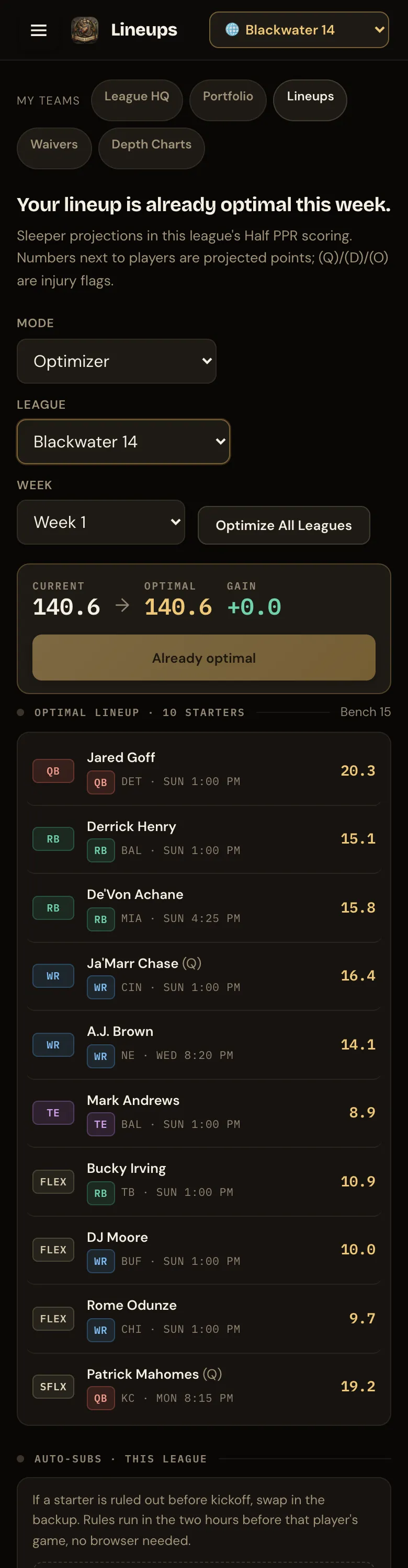 Lineups on a phone: the save bar, the swap first, one lineup list