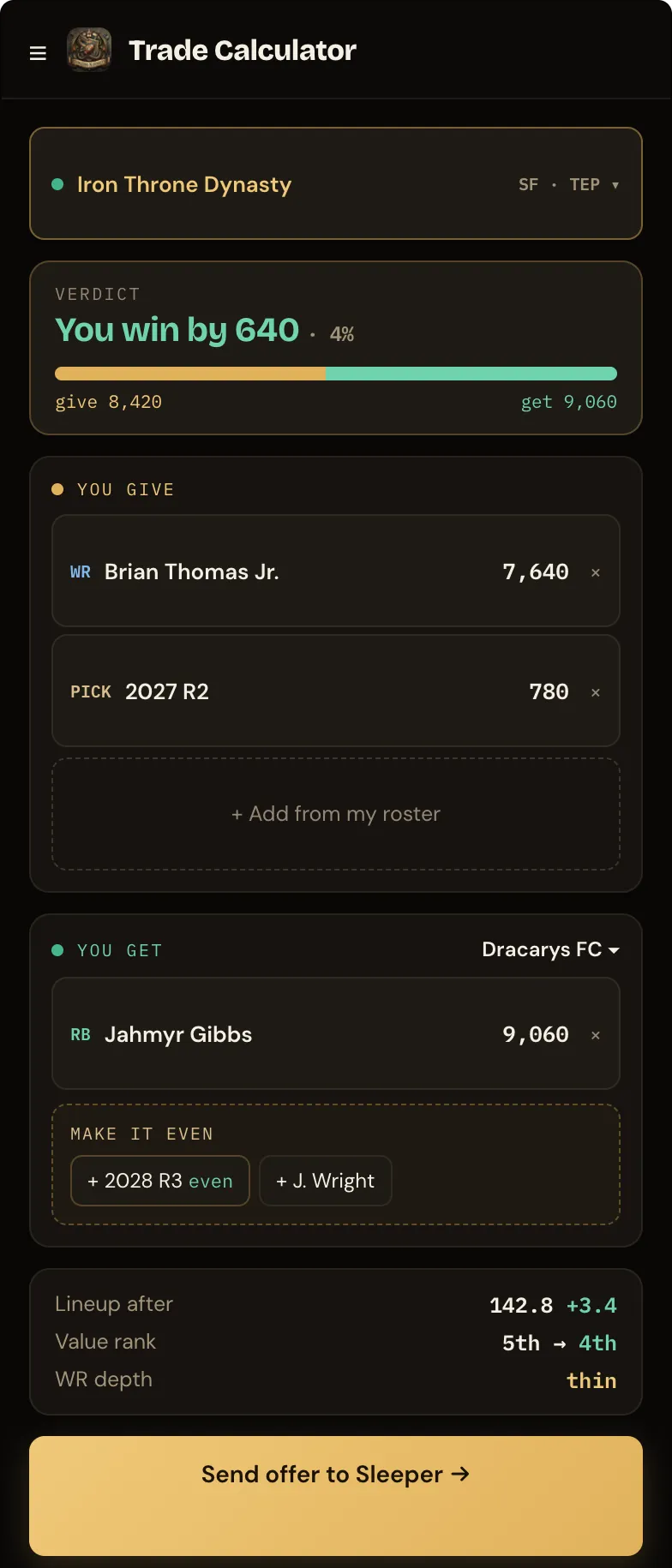 Trade Calculator on a phone: league, verdict, both sides stacked, one send button
